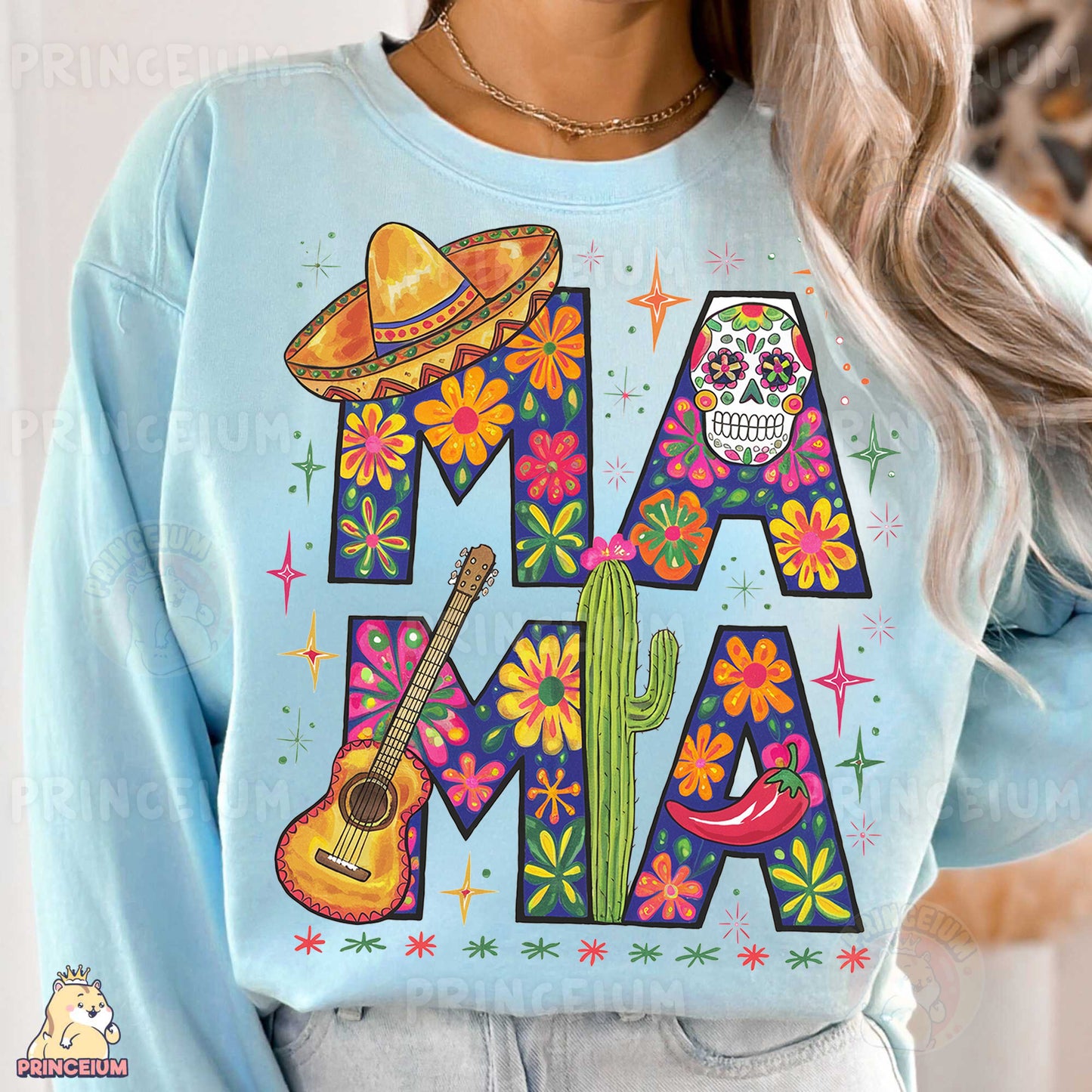 a woman wearing a blue sweatshirt with the word ma ma on it