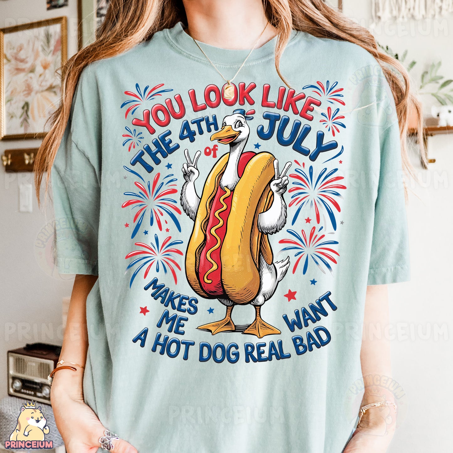 a woman wearing a t - shirt that says you look like the 4th july takes
