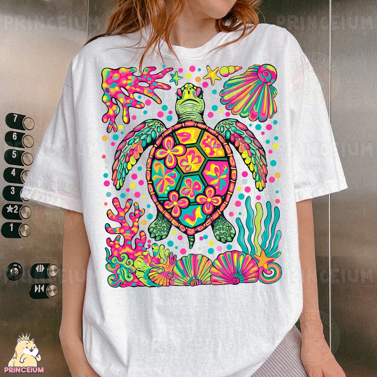 a woman wearing a t - shirt with a turtle on it