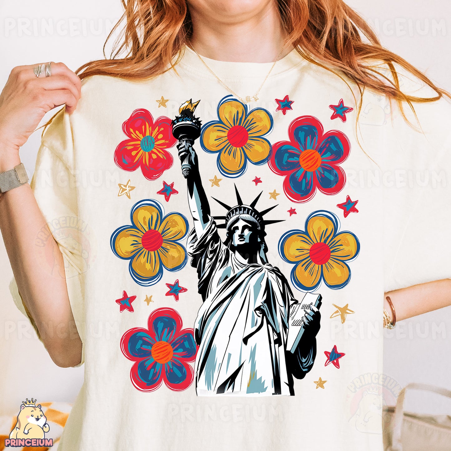 a woman wearing a t - shirt with the statue of liberty on it