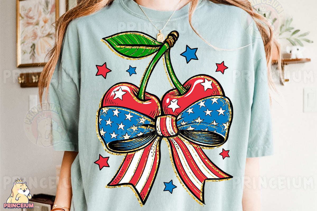 a woman wearing a t - shirt with an american flag bow on it