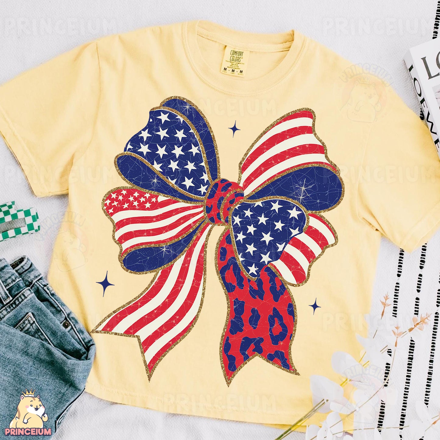 a yellow shirt with an american flag bow on it