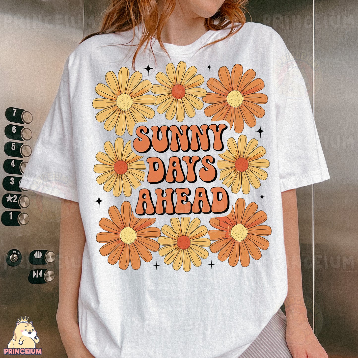 a woman wearing a t - shirt that says sunny days ahead