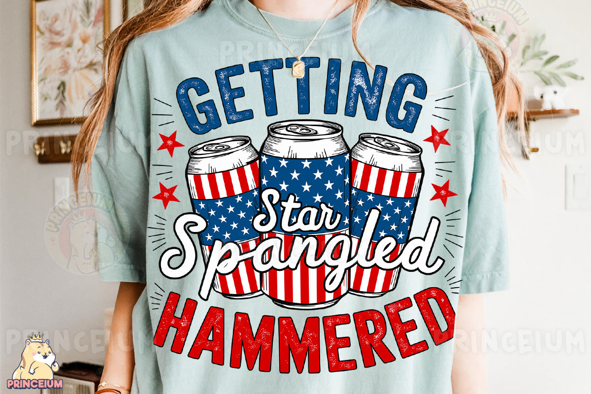 a woman wearing a t - shirt that says getting star spangled hammered