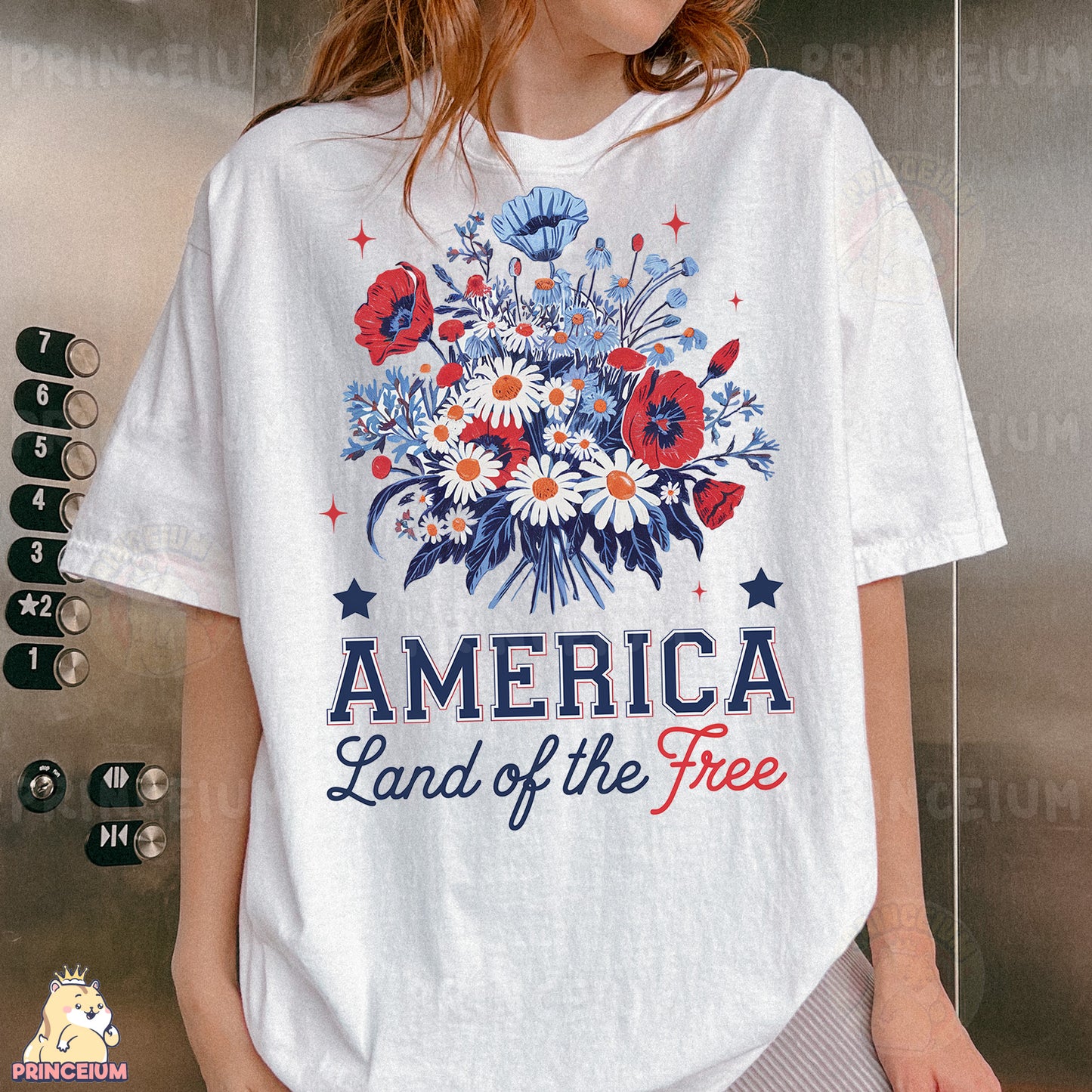 a woman wearing a t - shirt that says america land of the free