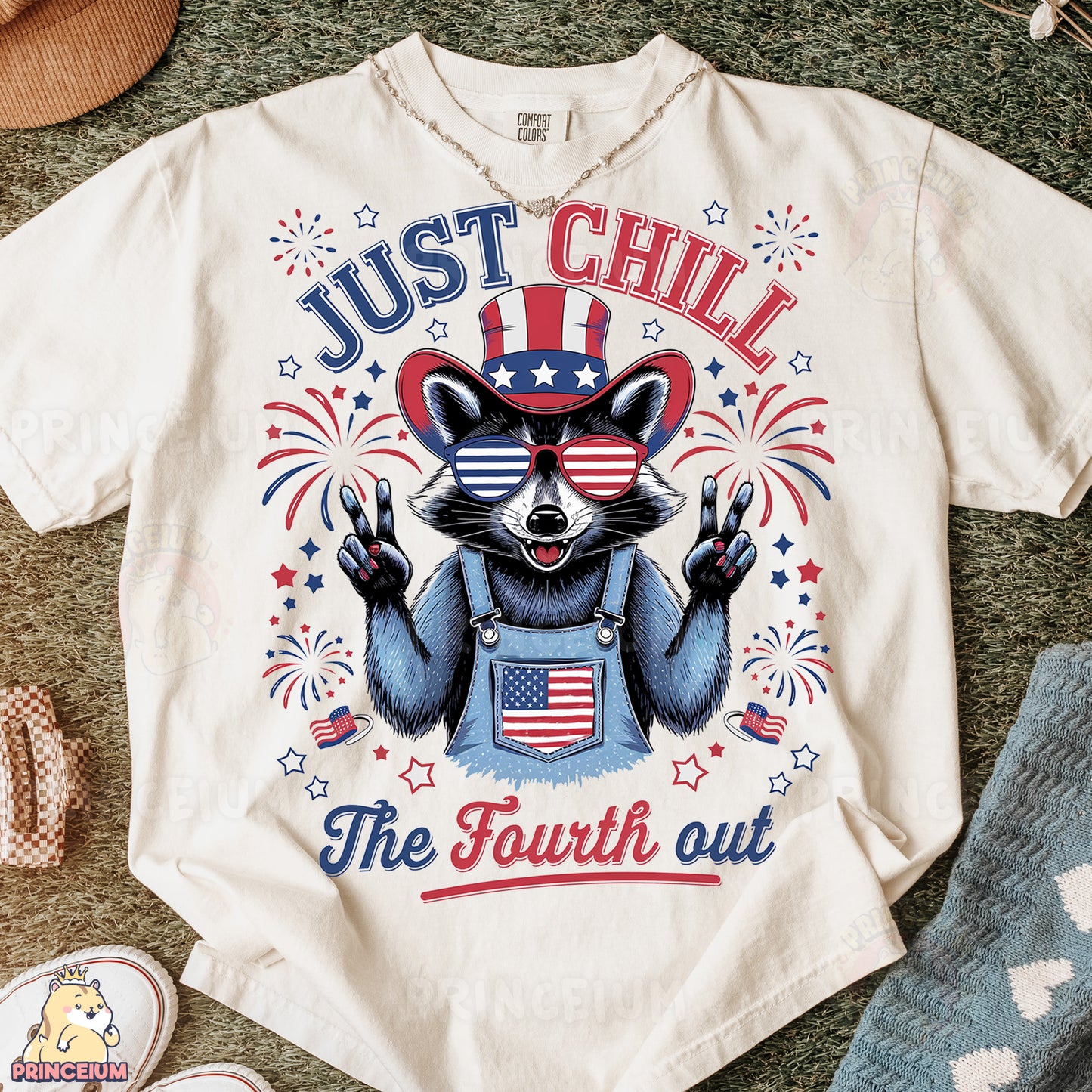 a t - shirt that says just chill the fourth out with a raccoon