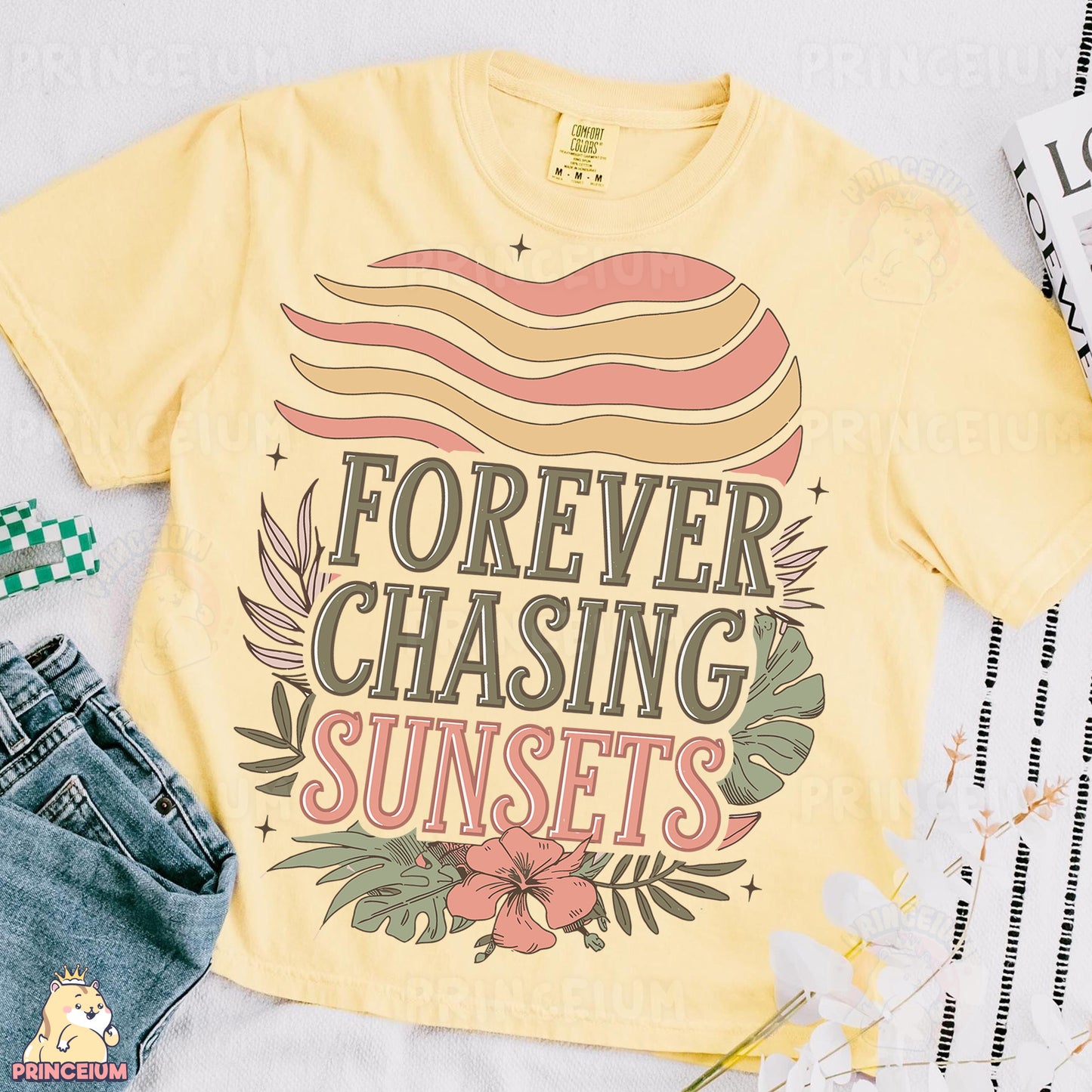 a yellow t - shirt that says forever chasing sunsets