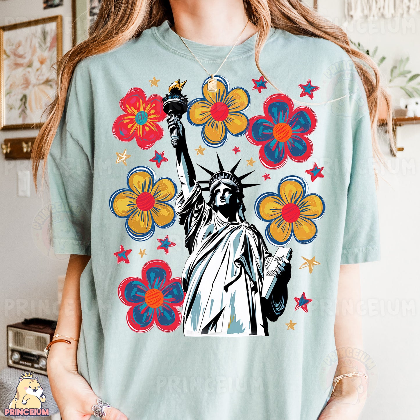 a woman wearing a t - shirt with the statue of liberty on it