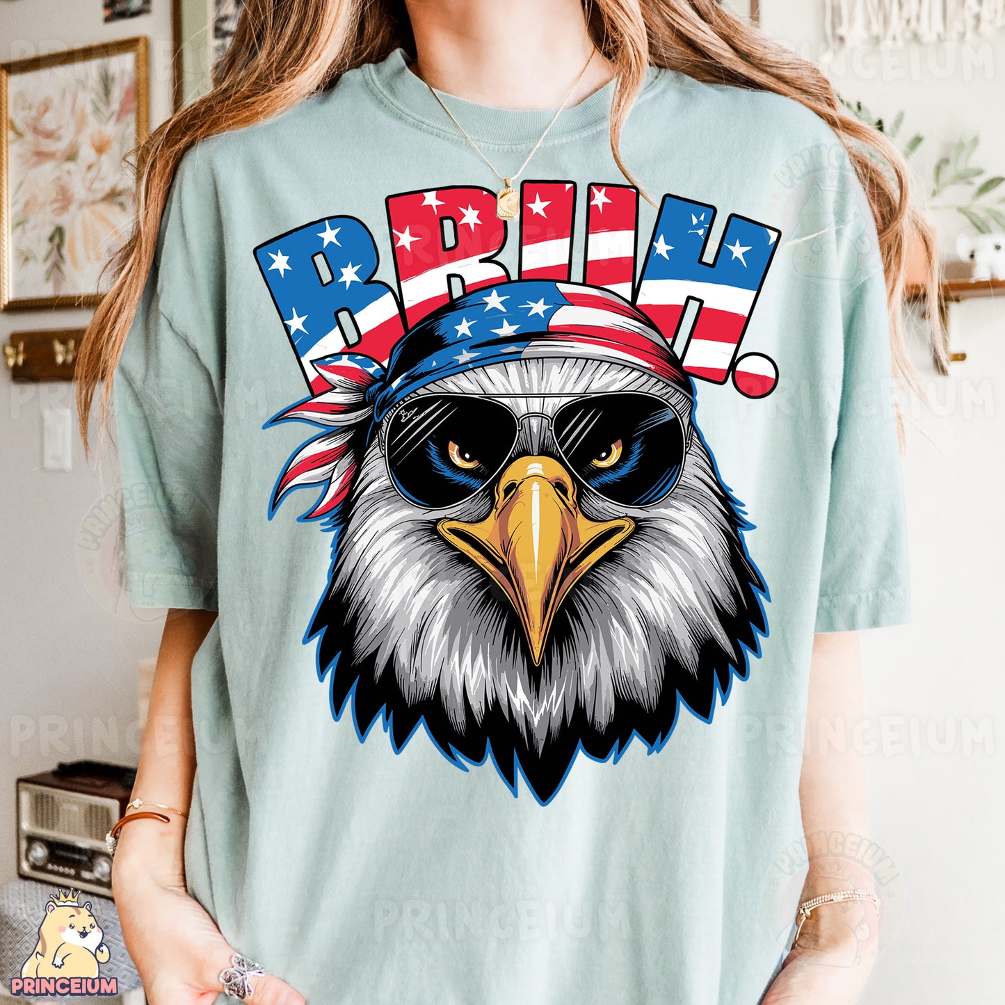 a woman wearing a t - shirt with an eagle on it