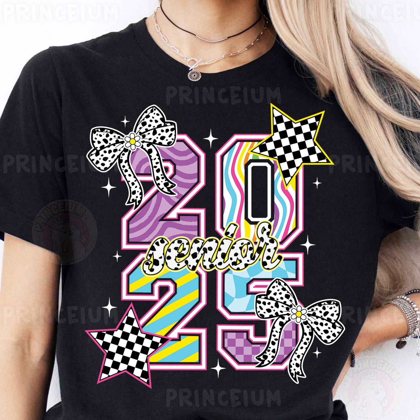 a woman wearing a black tshirt with a colorful bow and number