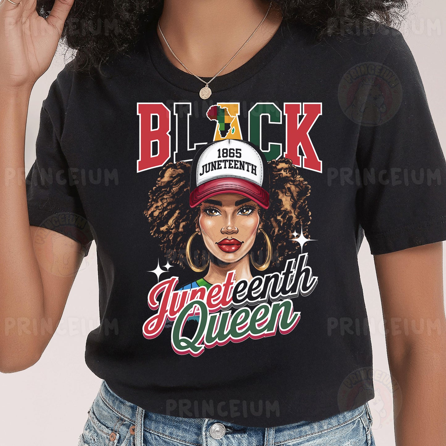 a woman wearing a black t - shirt with a picture of a woman's