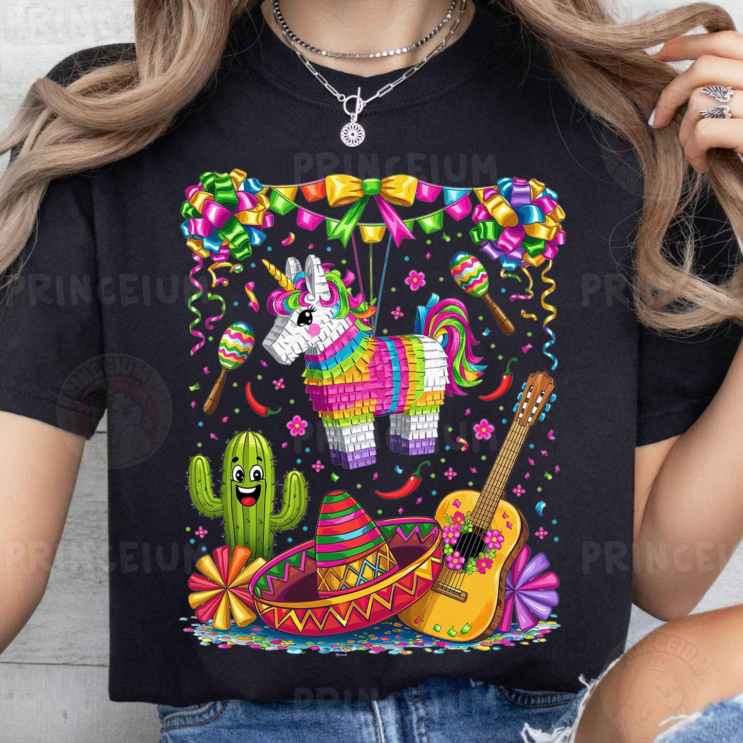 a woman wearing a black t - shirt with an image of a llama and