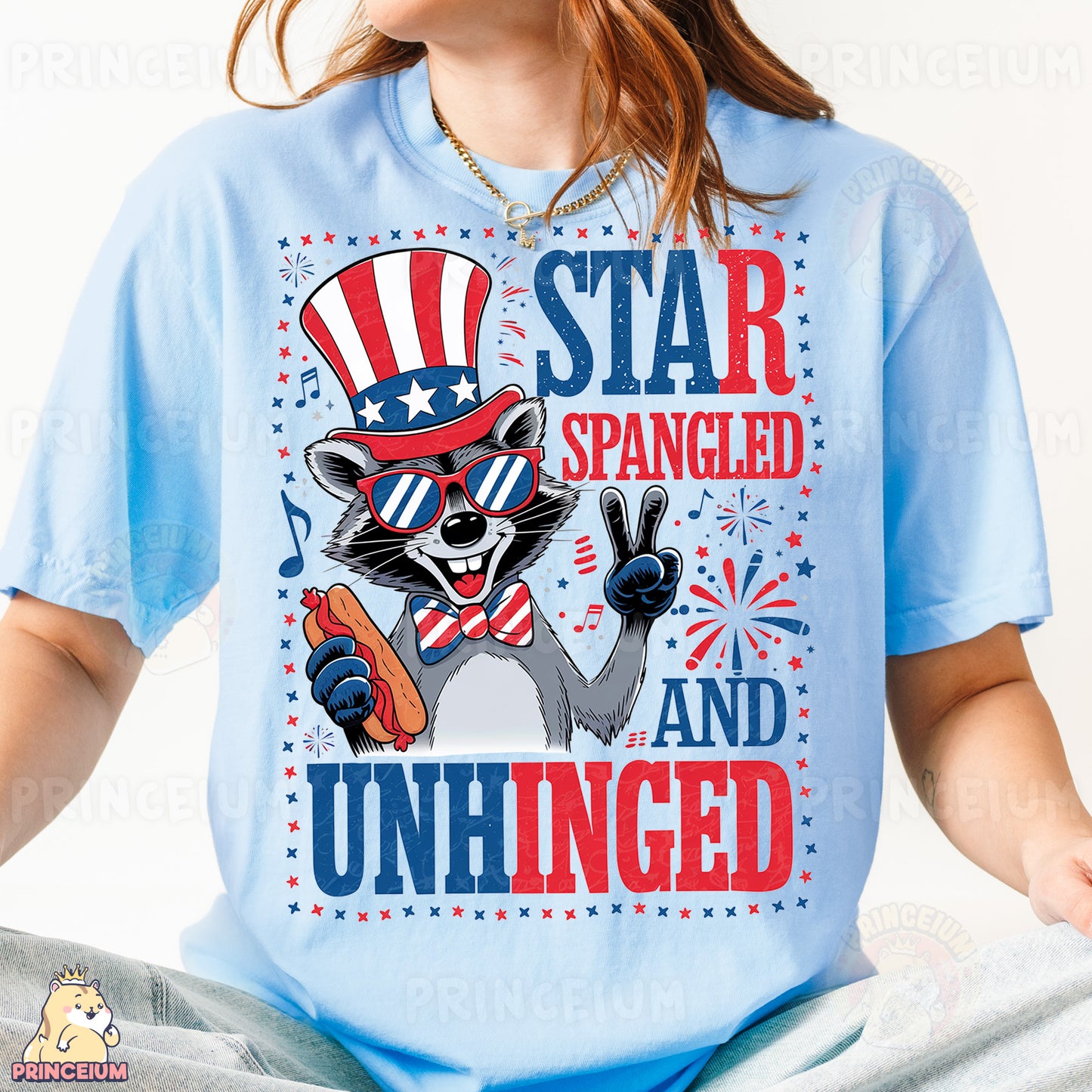 a woman wearing a blue shirt with a raccoon on it
