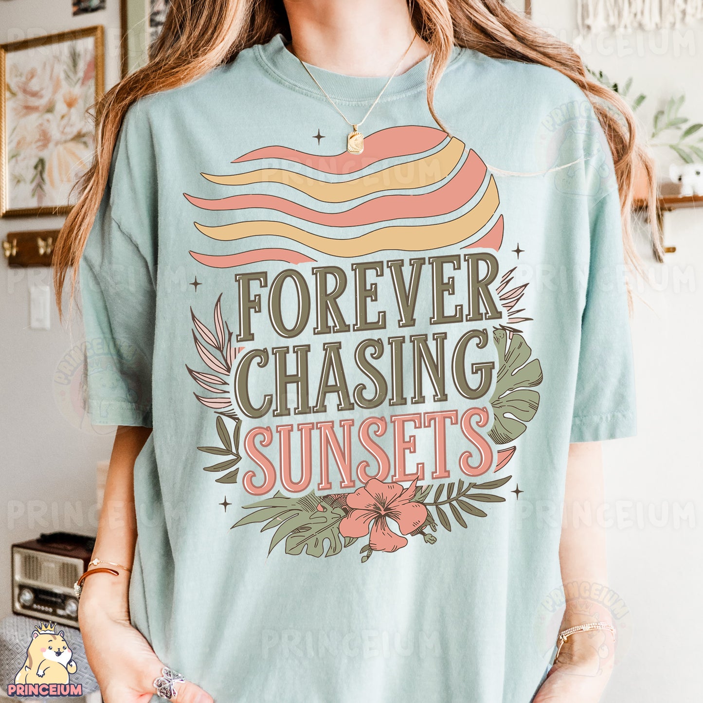 a woman wearing a t - shirt that says forever chasing sunsets