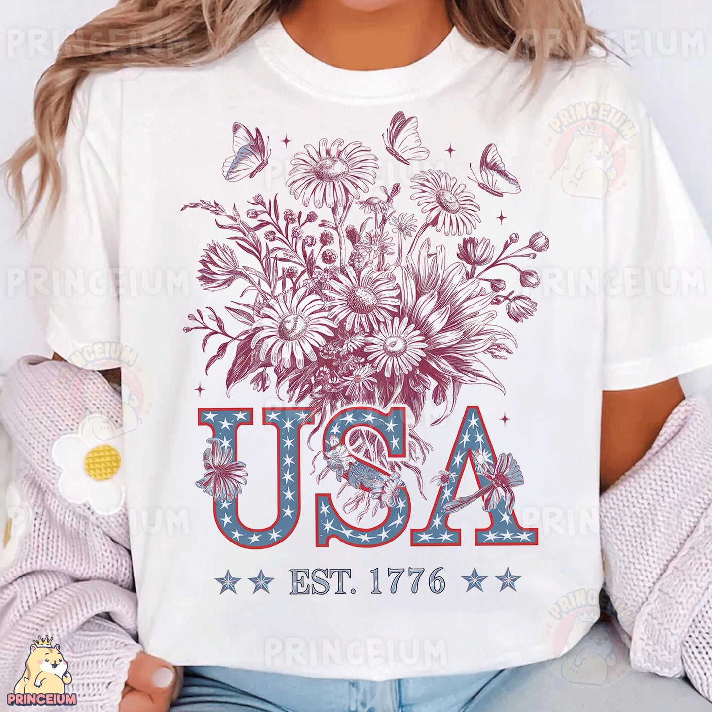 a woman wearing a white usa t - shirt