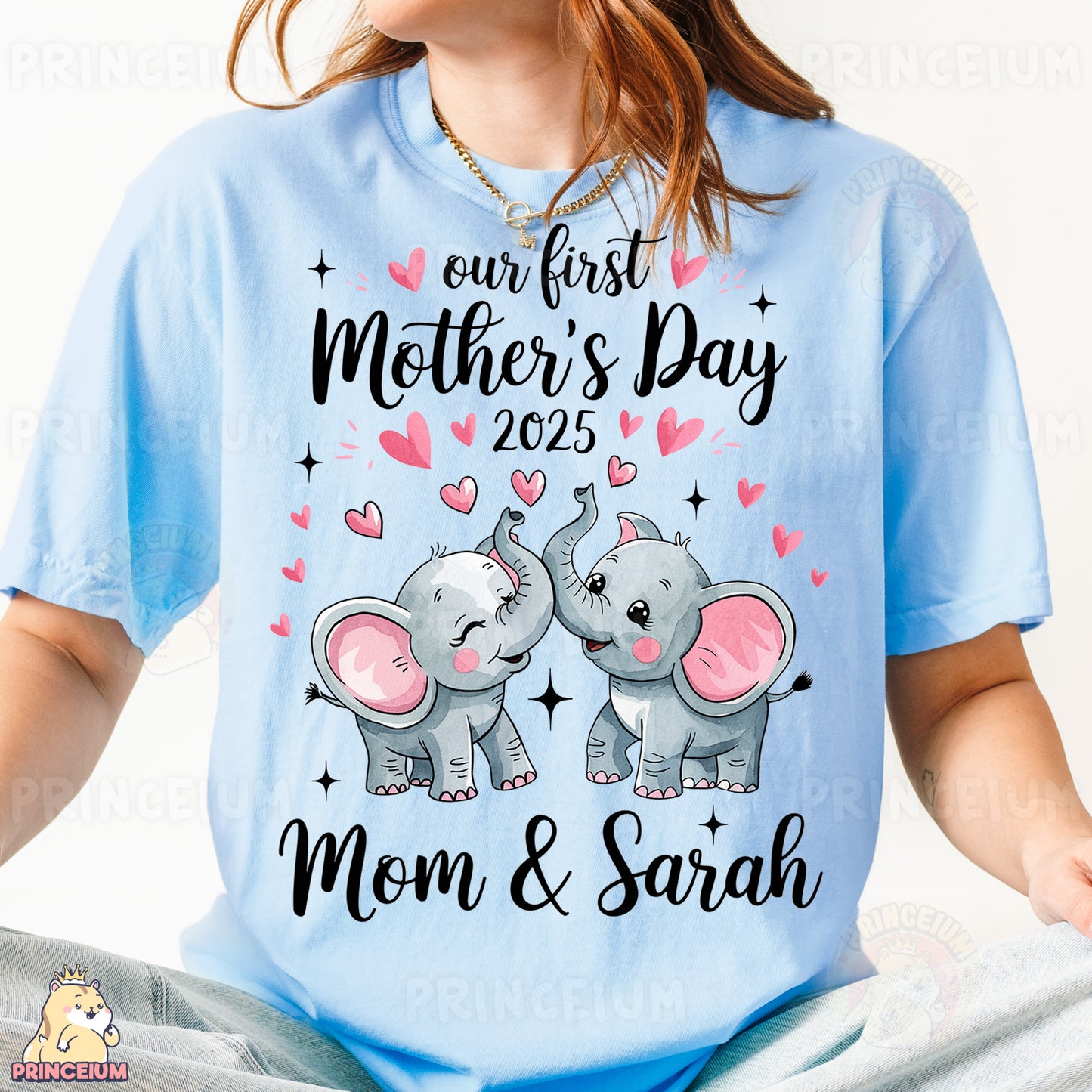 a woman wearing a t - shirt that says, our first mother's day