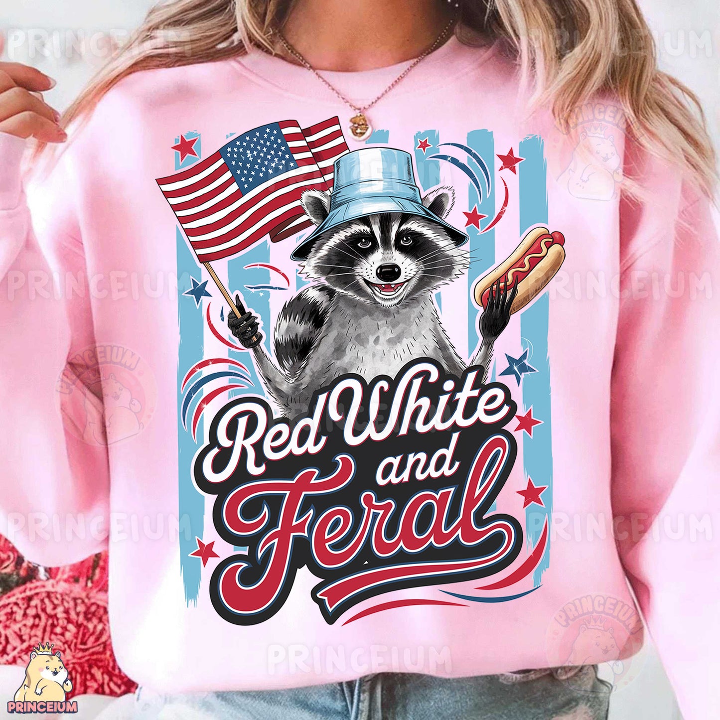 a woman wearing a pink shirt with a raccoon on it