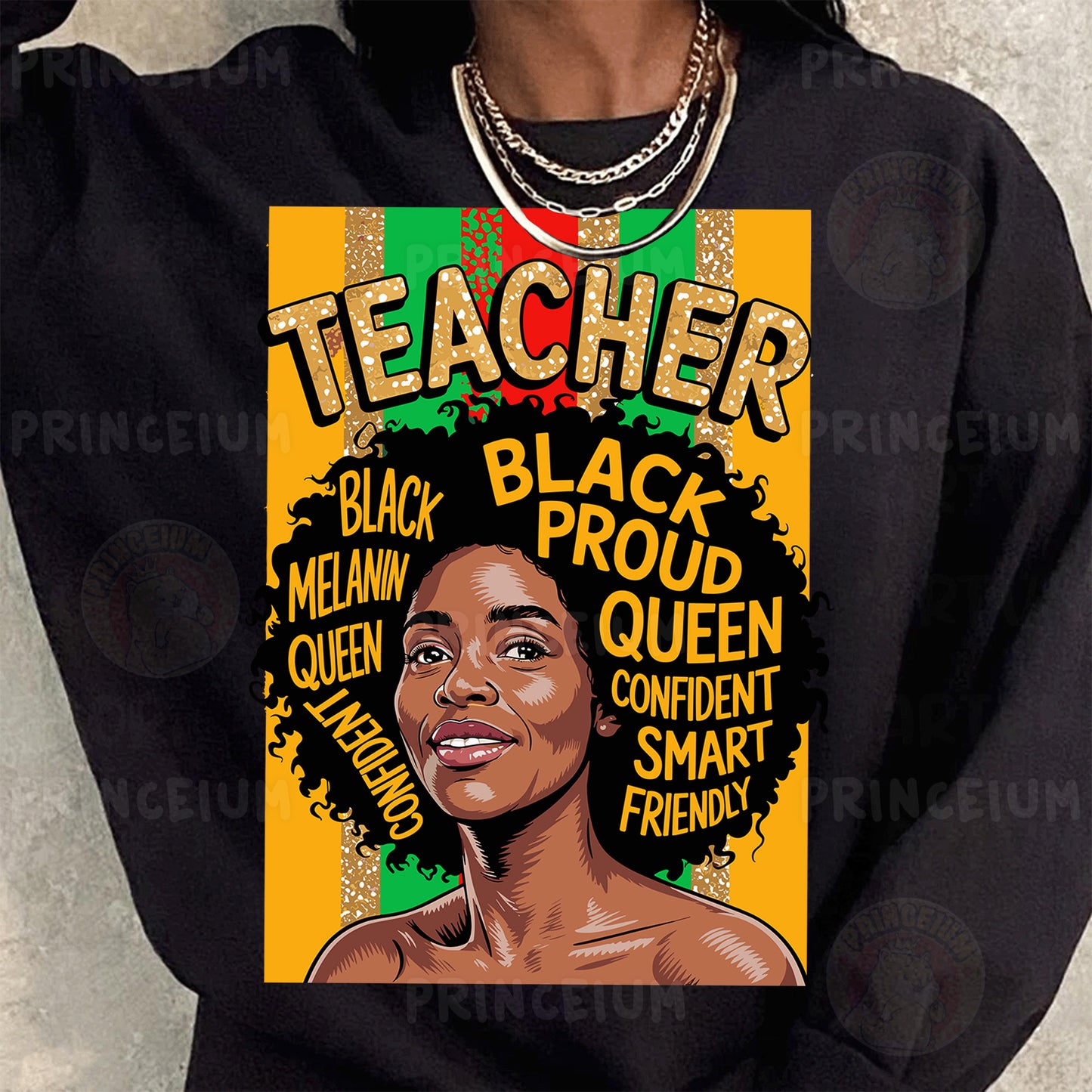 a woman wearing a black sweatshirt with a poster of a woman's face