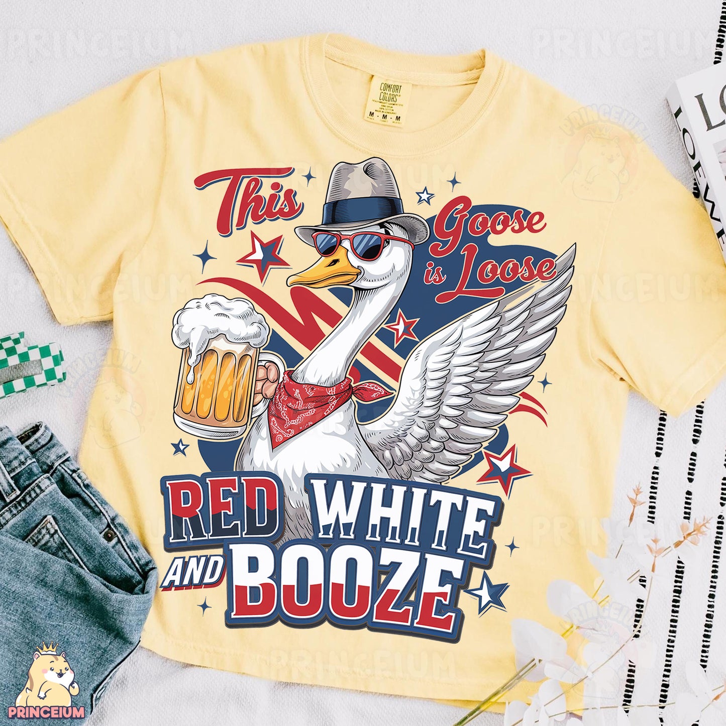 a yellow shirt with a goose wearing a hat and holding a beer