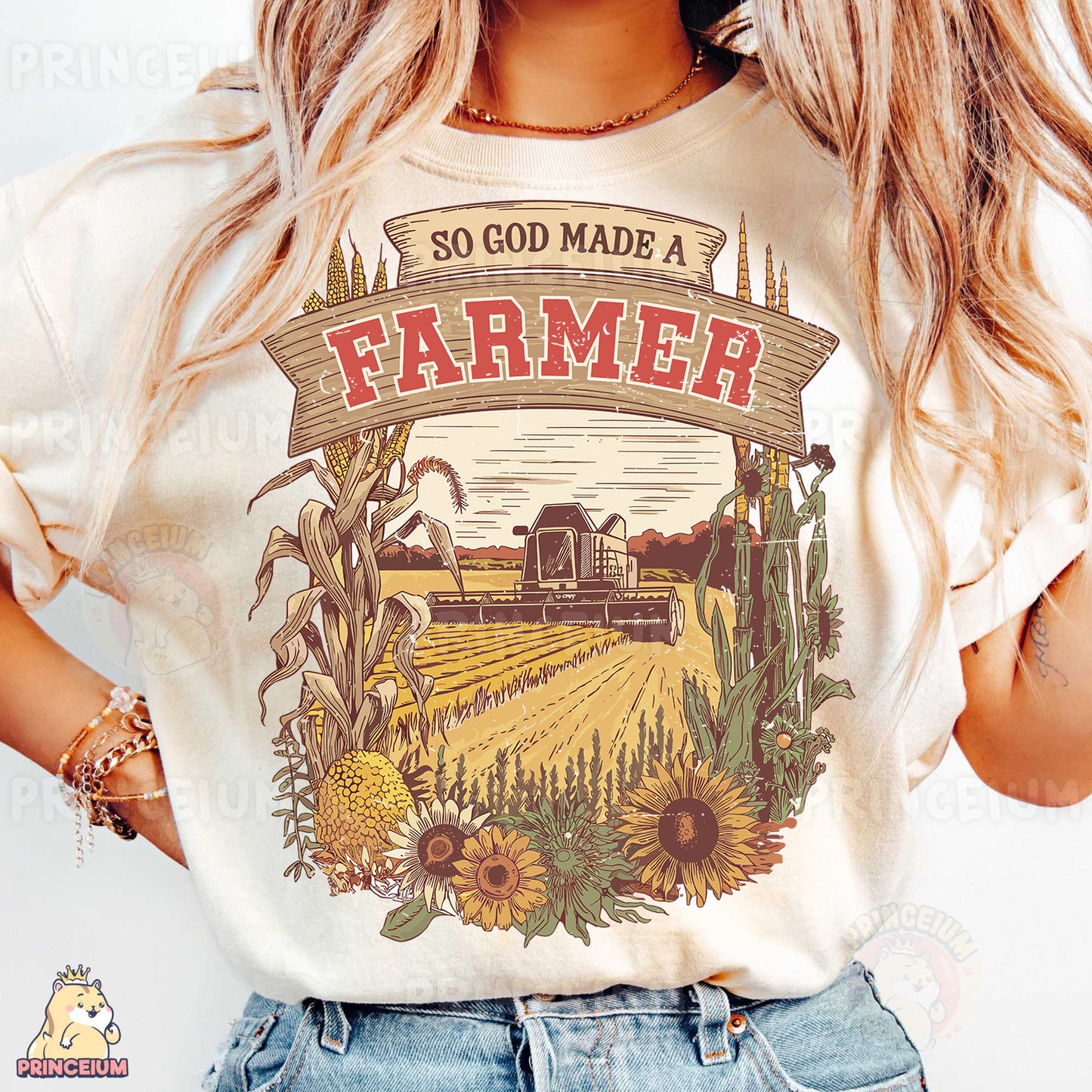a woman wearing a t - shirt that says so god made a farmer