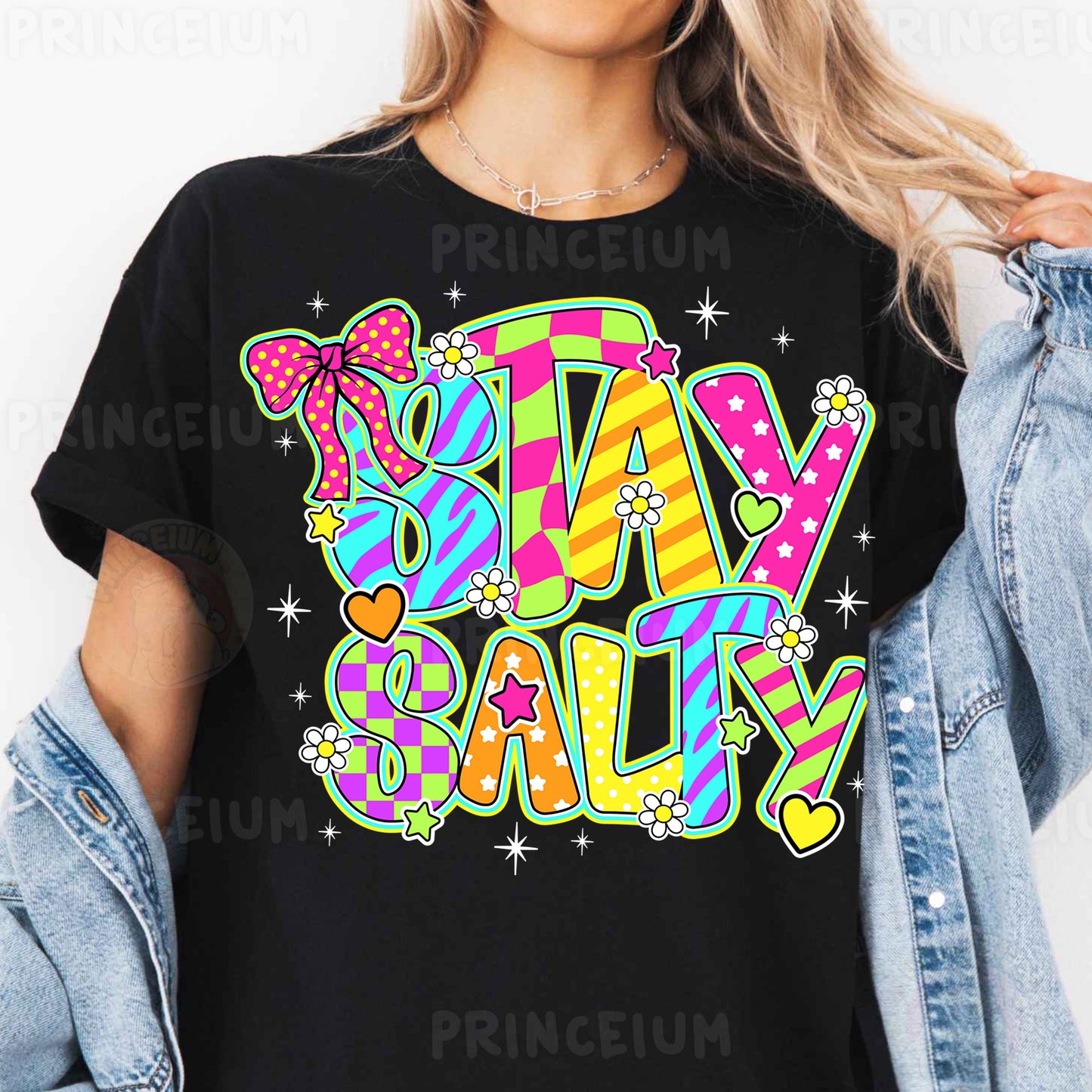 a woman wearing a t - shirt that says stay salty