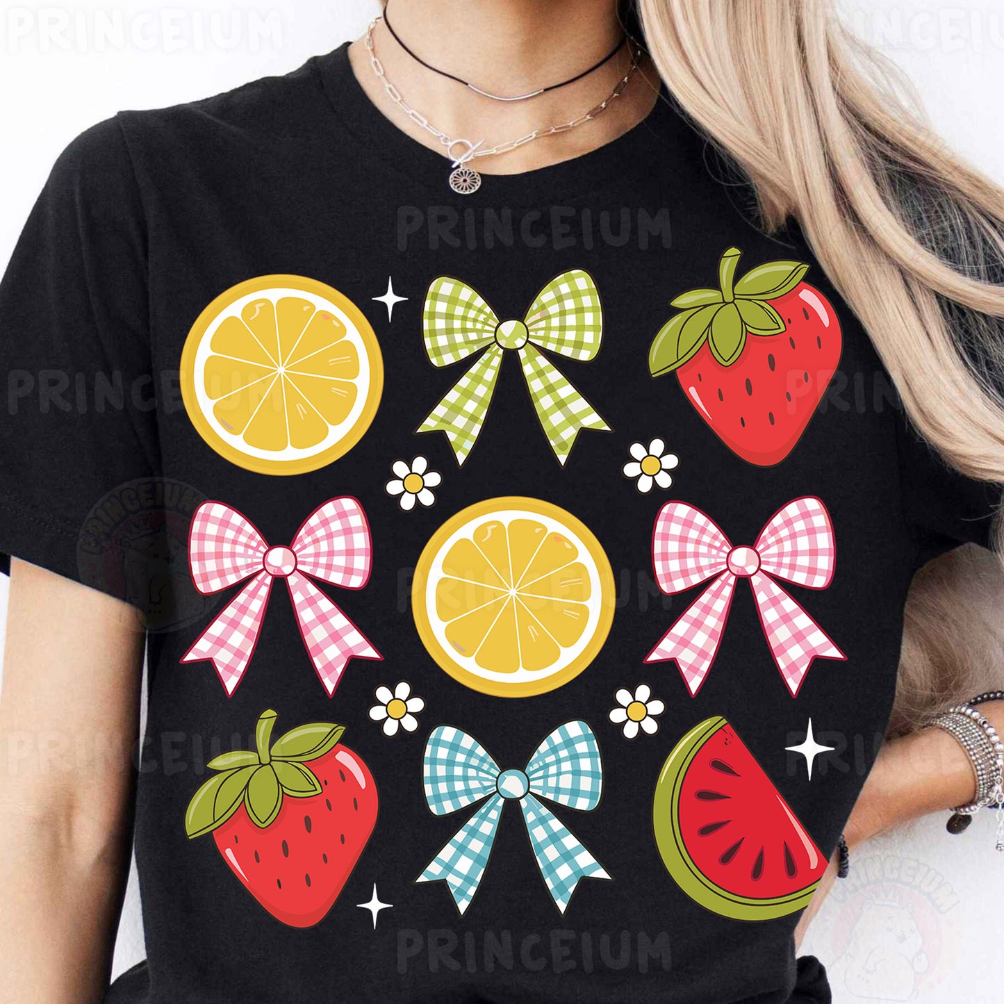 a woman wearing a t - shirt with fruit and bows on it