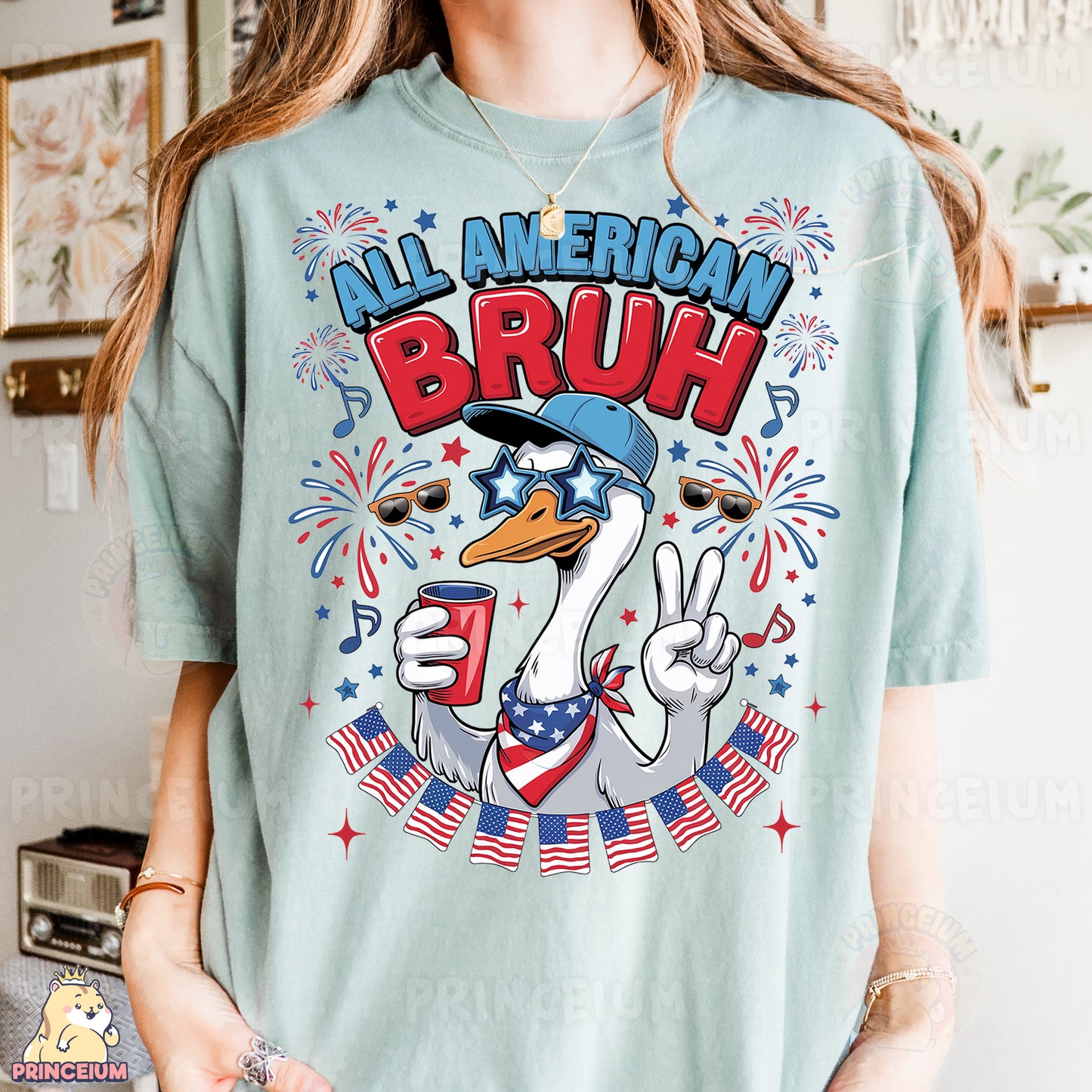 a woman wearing a t - shirt that says, all american bruh