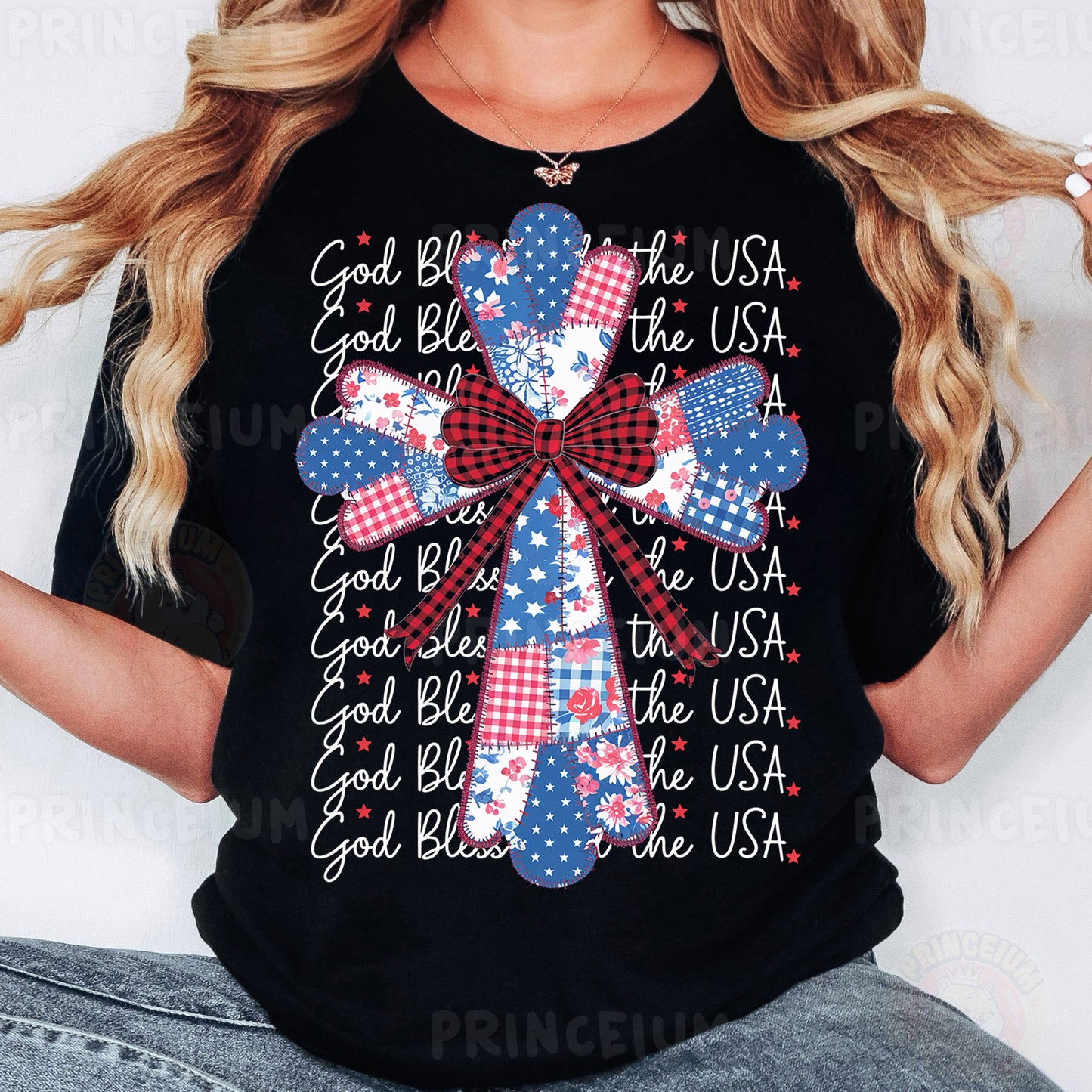 a woman wearing a black shirt with red, white and blue bows