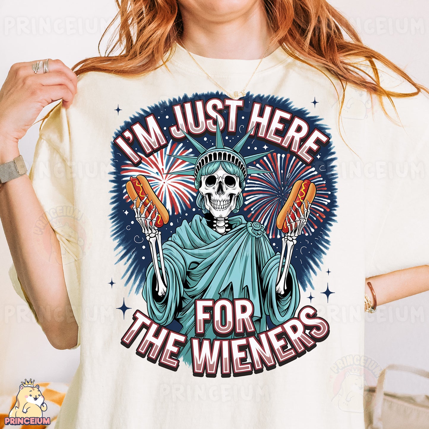 a woman wearing a t - shirt that says i'm just here for the