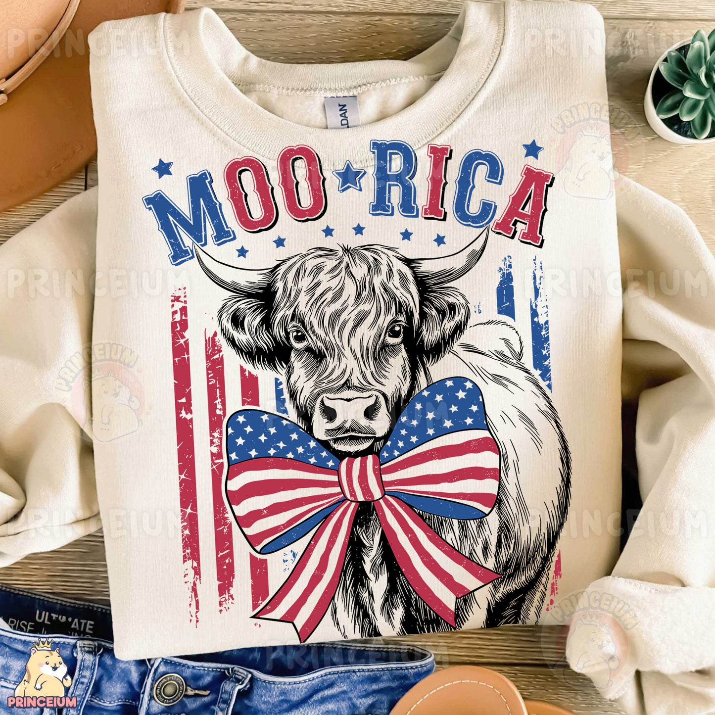 a white shirt with a cow wearing a red, white, and blue bow tie