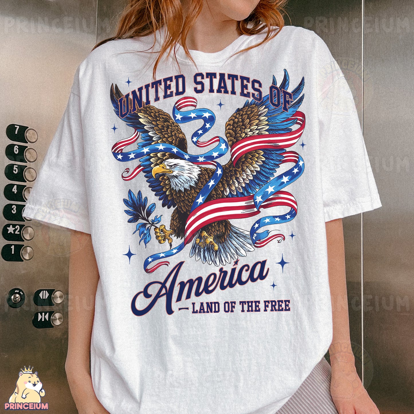 a woman wearing a united states of america t - shirt