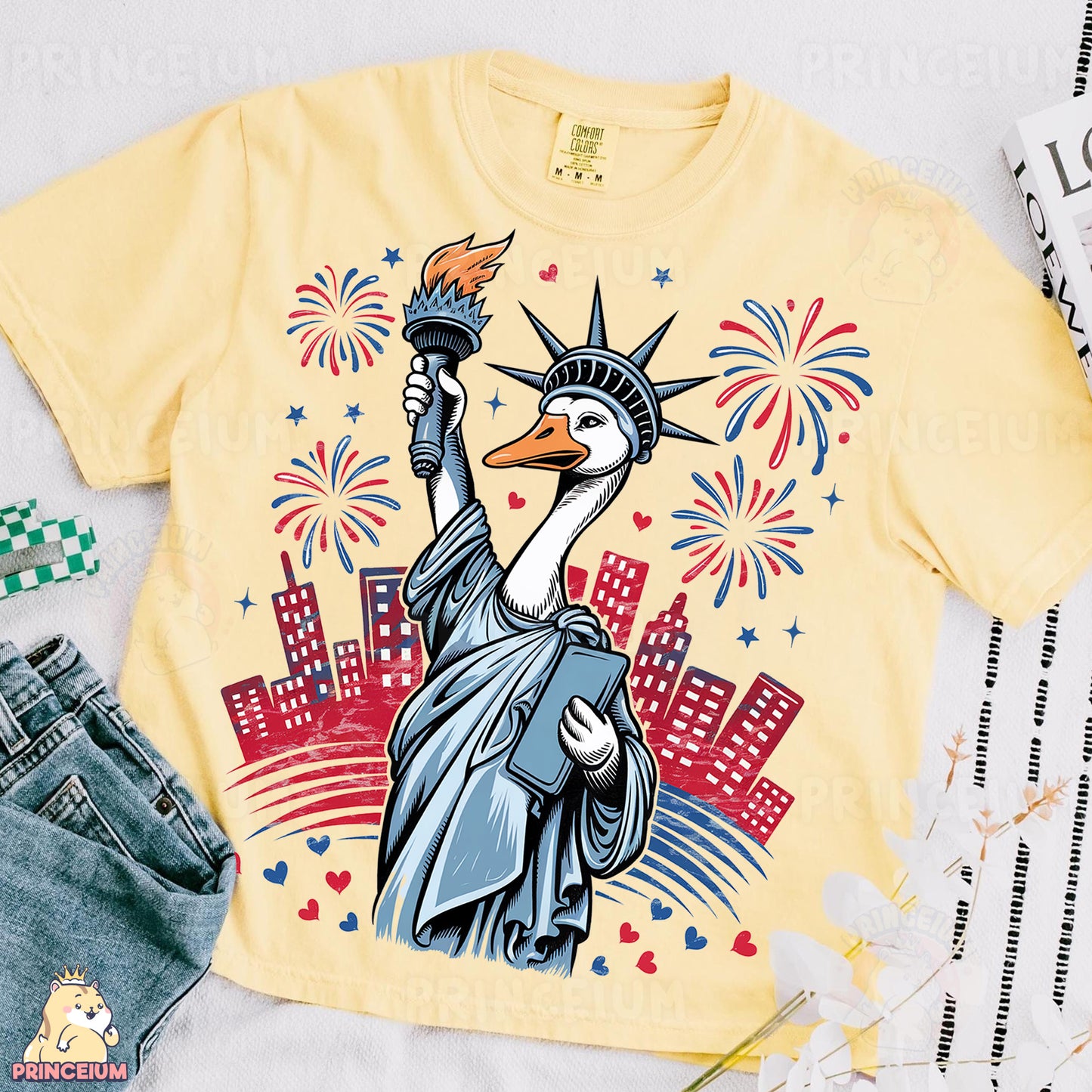 a yellow shirt with an image of a statue of liberty