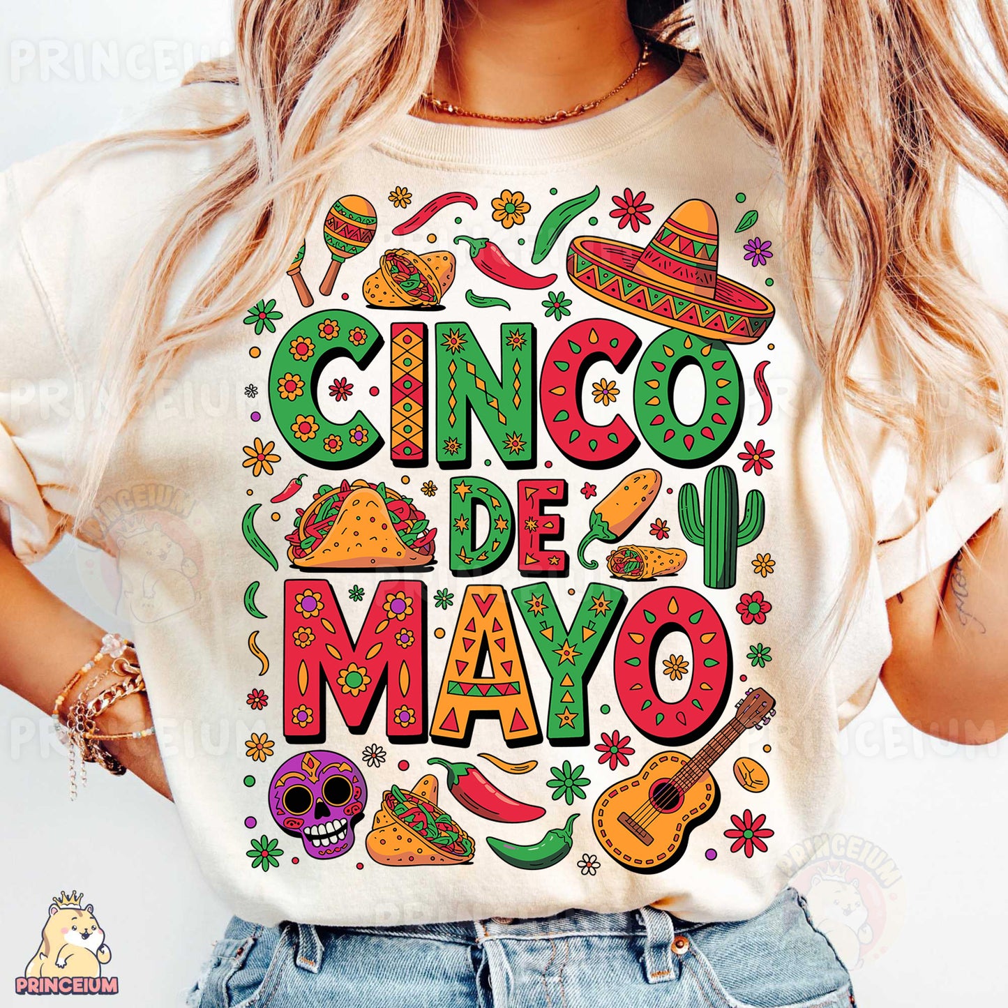 a woman wearing a cinco de mayo t - shirt