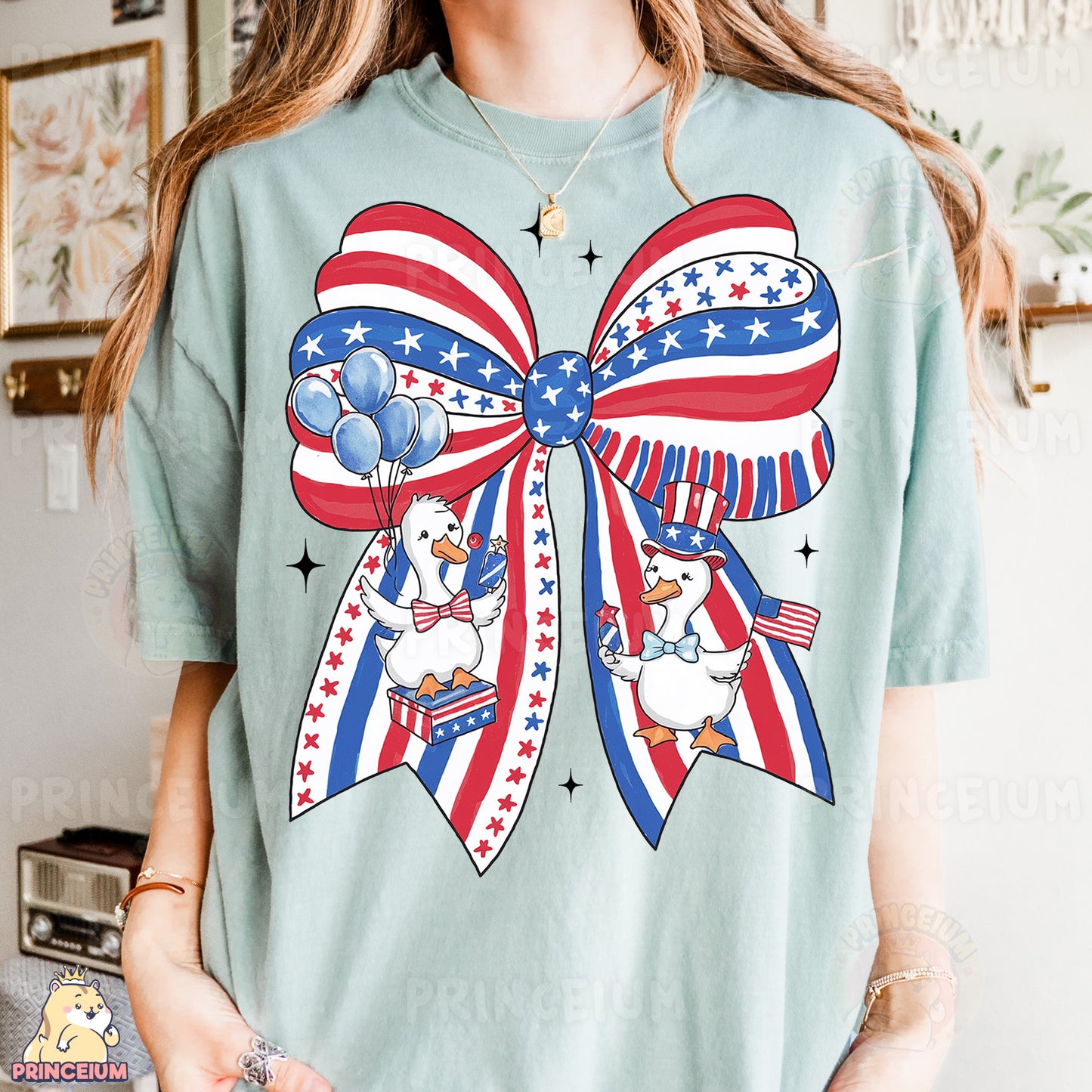 a woman wearing a t - shirt with an american flag bow