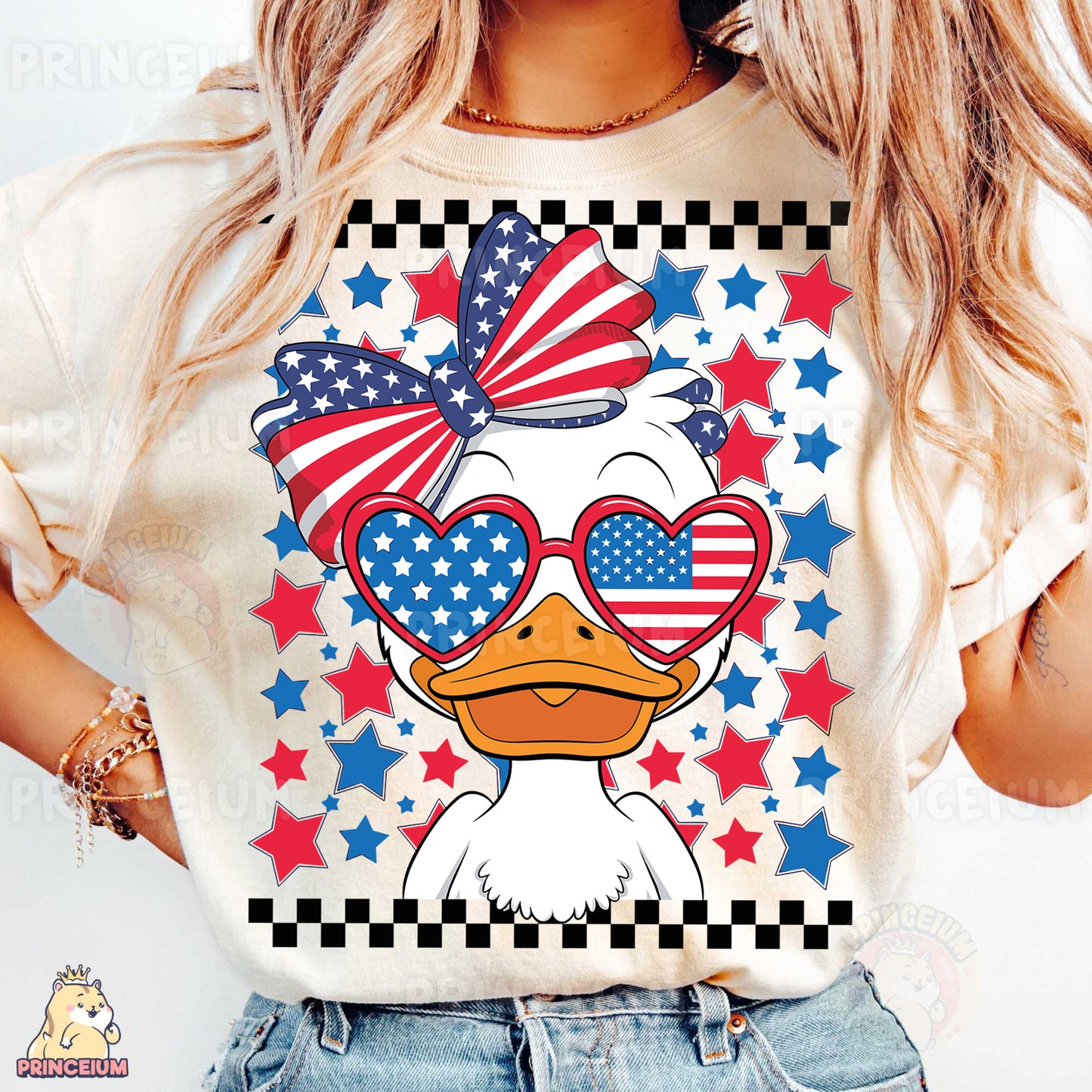 a woman wearing a t - shirt with a duck wearing sunglasses