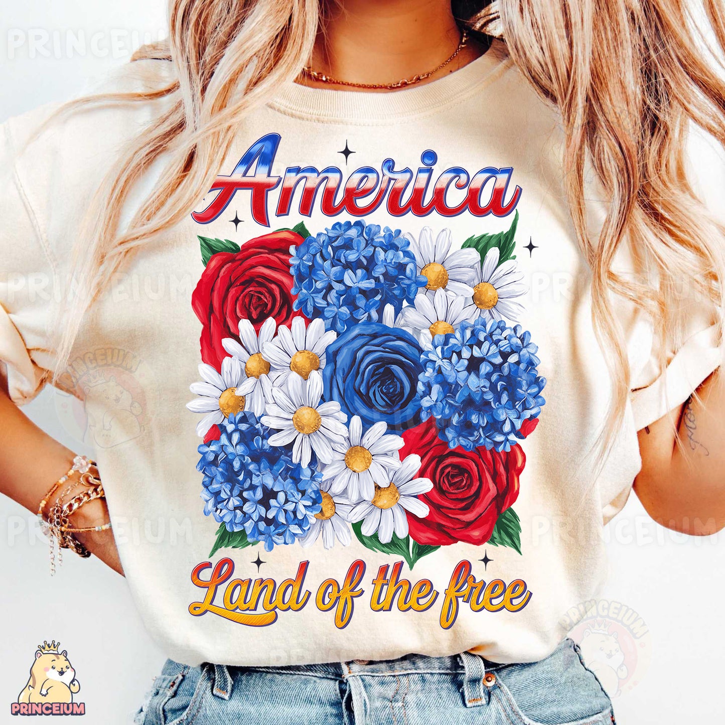 a woman wearing an american land of the free t - shirt