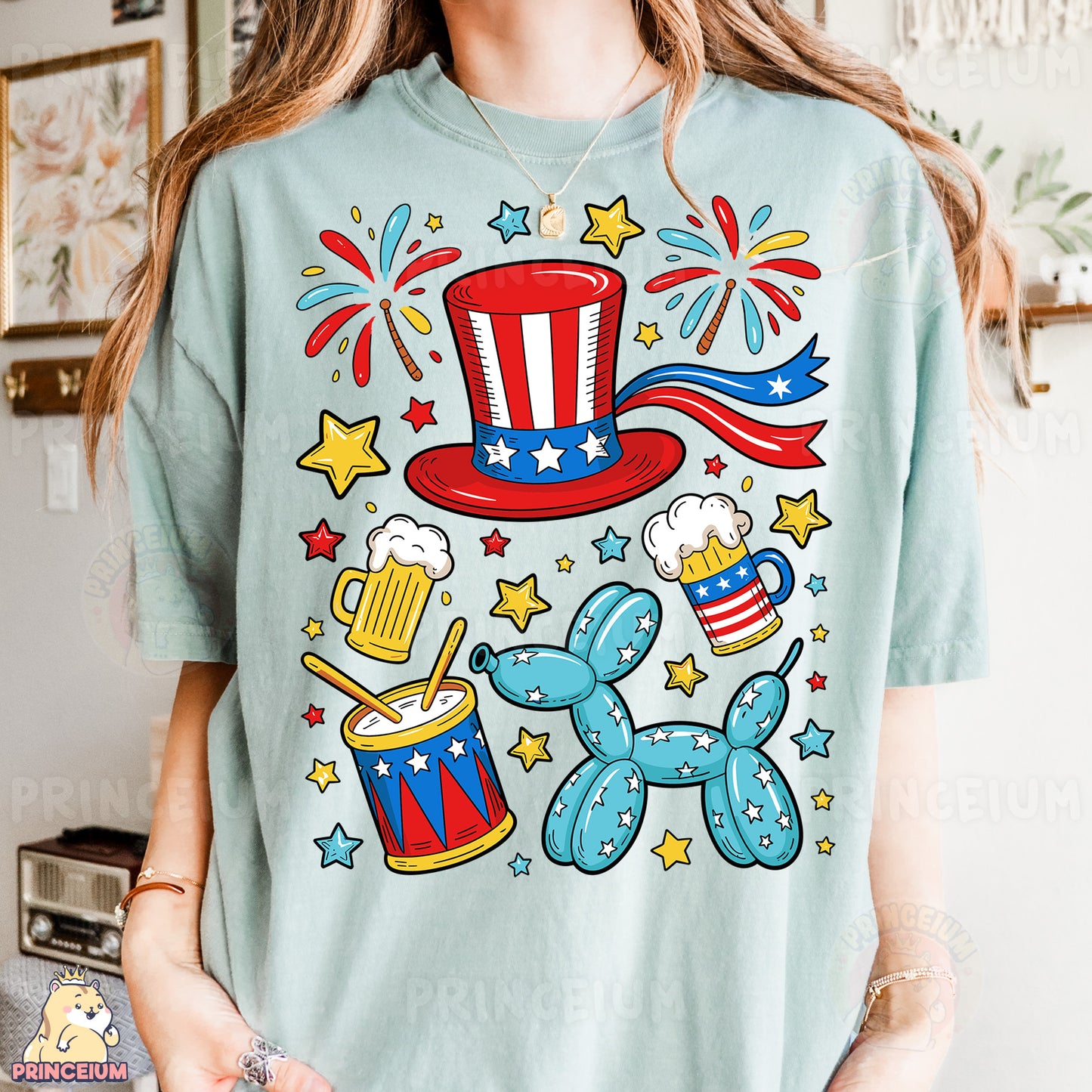 a woman wearing a t - shirt with a patriotic design on it