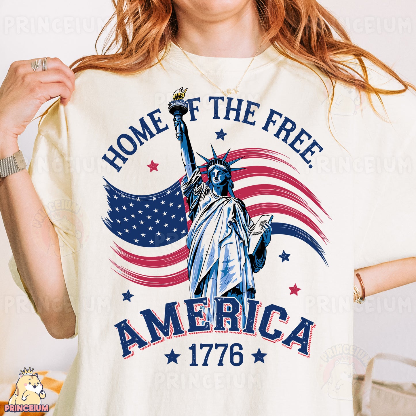 a woman wearing a t - shirt with the statue of liberty on it