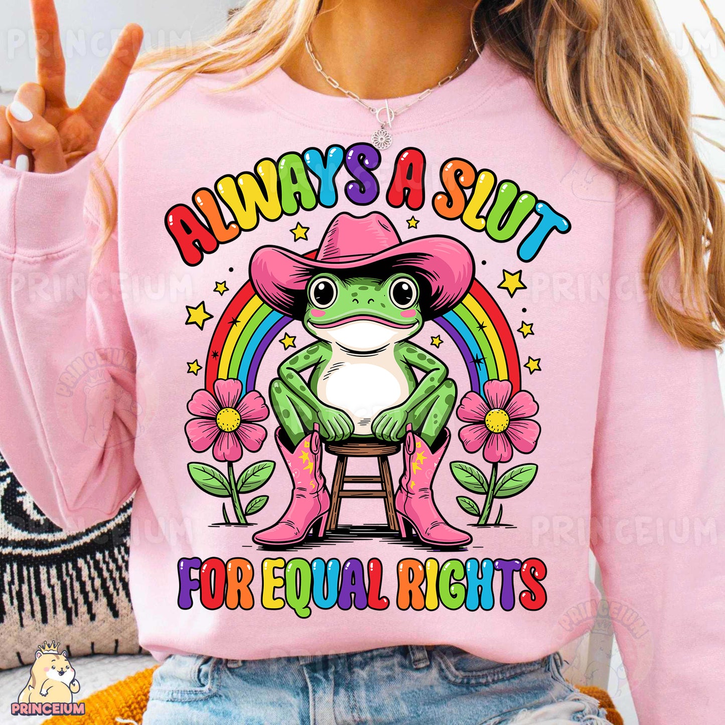 a woman wearing a pink shirt with a frog on it