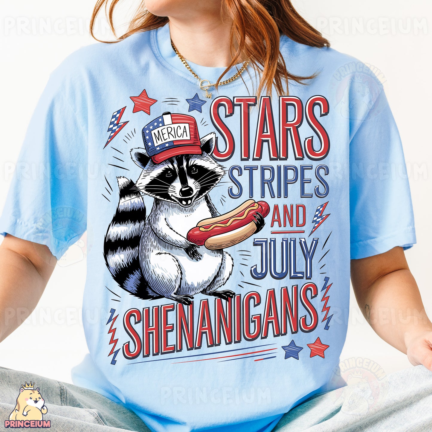 a woman wearing a blue shirt with a raccoon on it