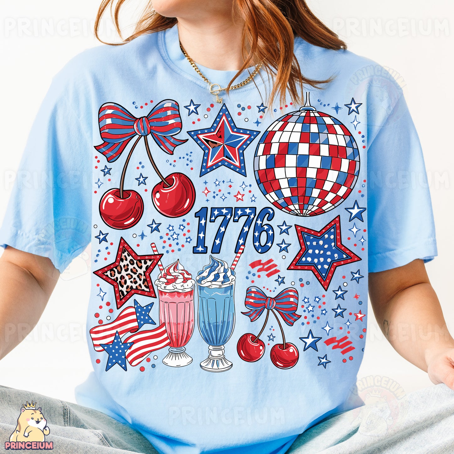 a woman wearing a blue t - shirt with patriotic designs on it