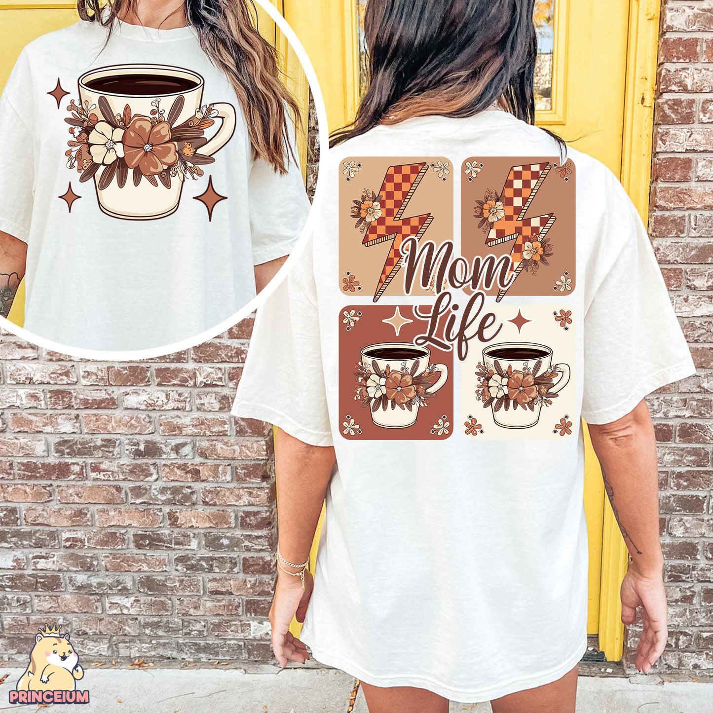 a woman wearing a t - shirt with a picture of a coffee cup on it