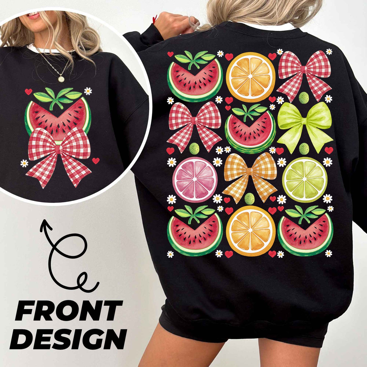 a woman wearing a black sweatshirt with fruit on it