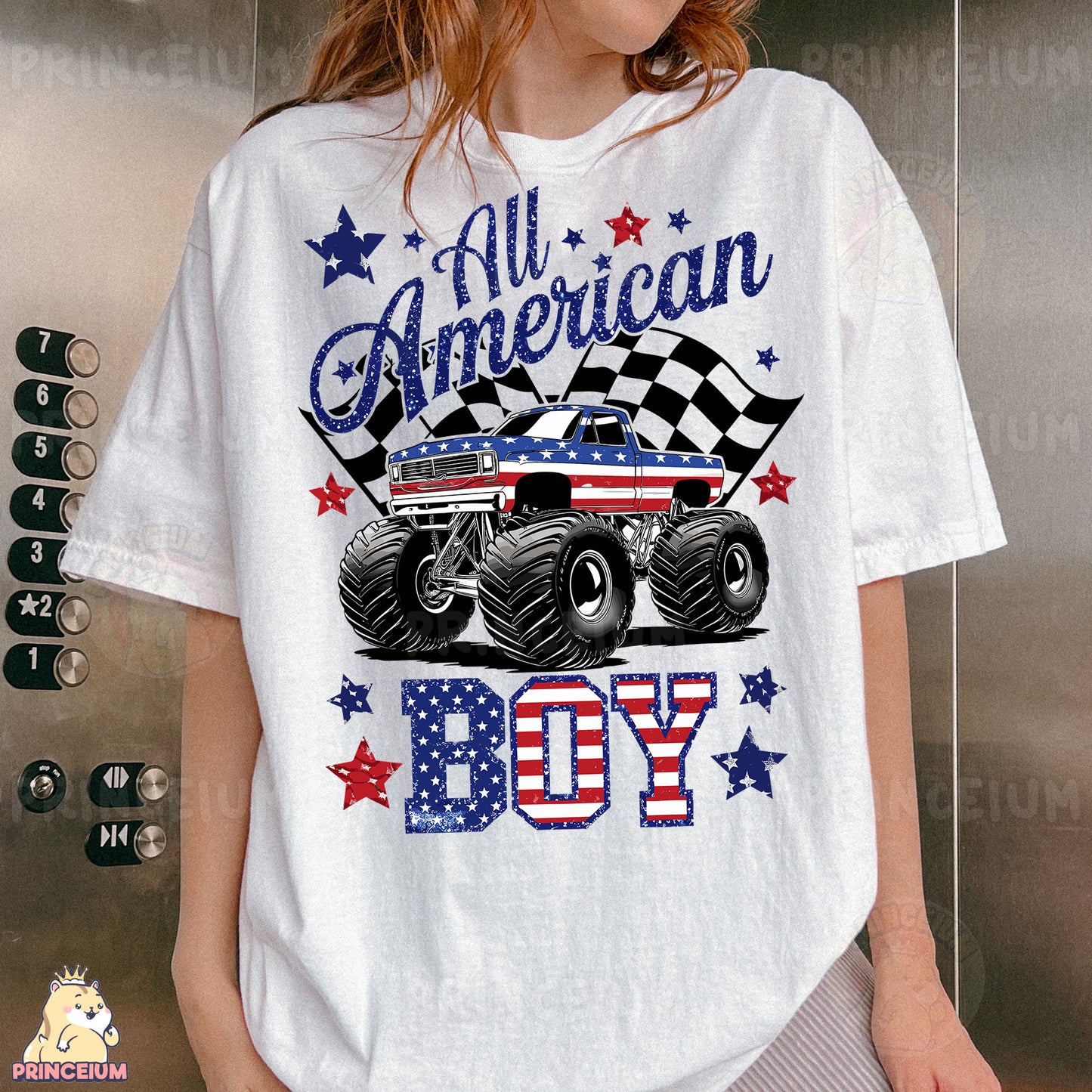 a woman wearing a white shirt with a monster truck on it