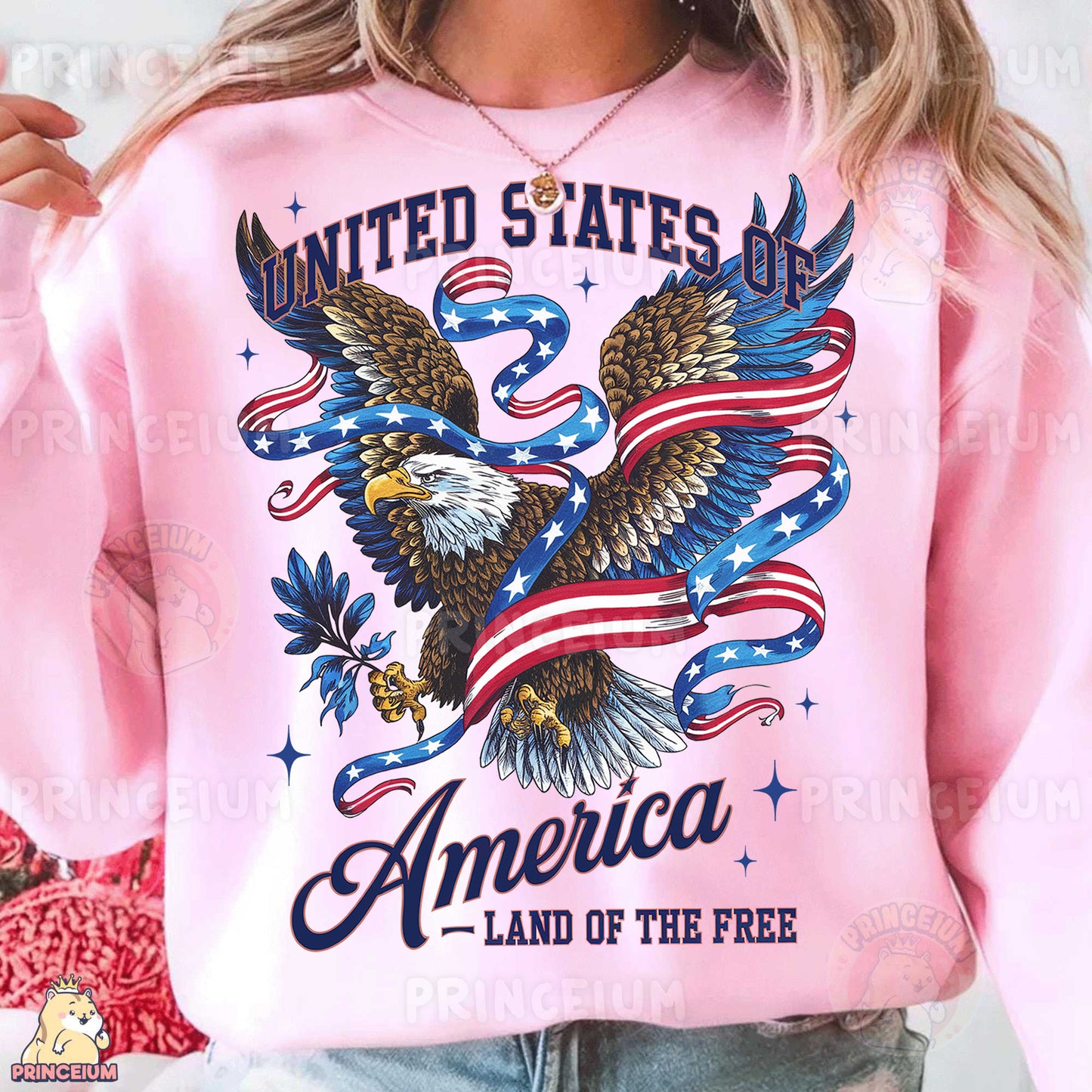 a woman wearing a pink united states of america sweatshirt
