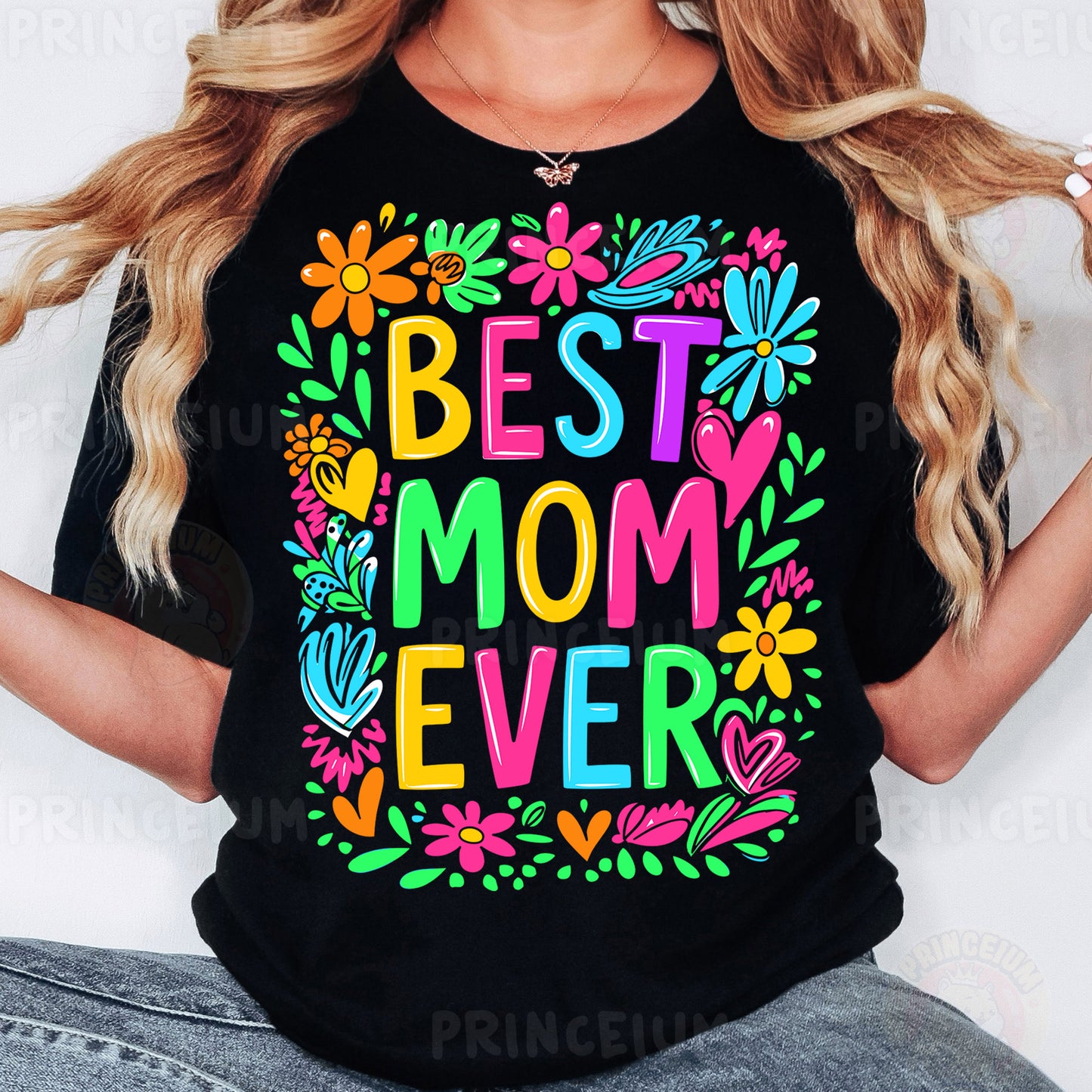 a woman wearing a black best mom ever t - shirt