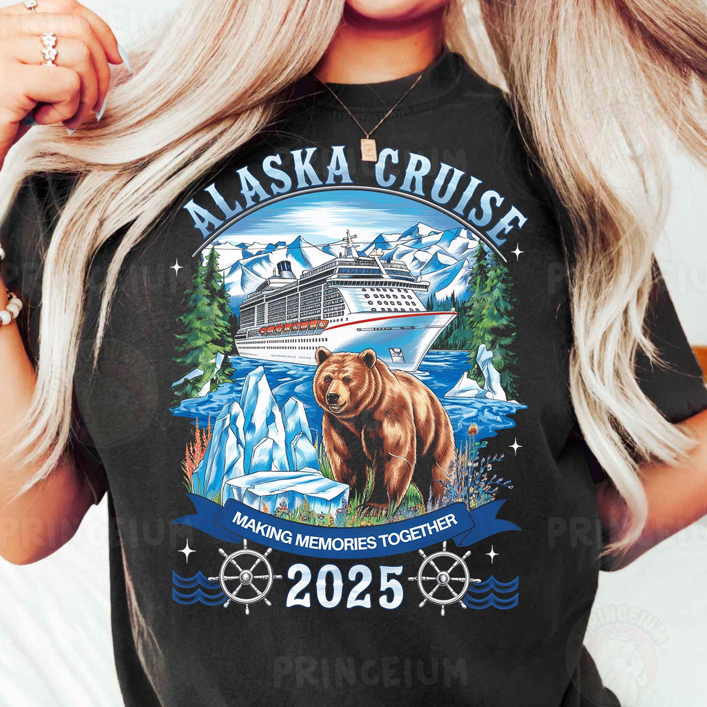 a woman wearing a black alaska cruise t - shirt