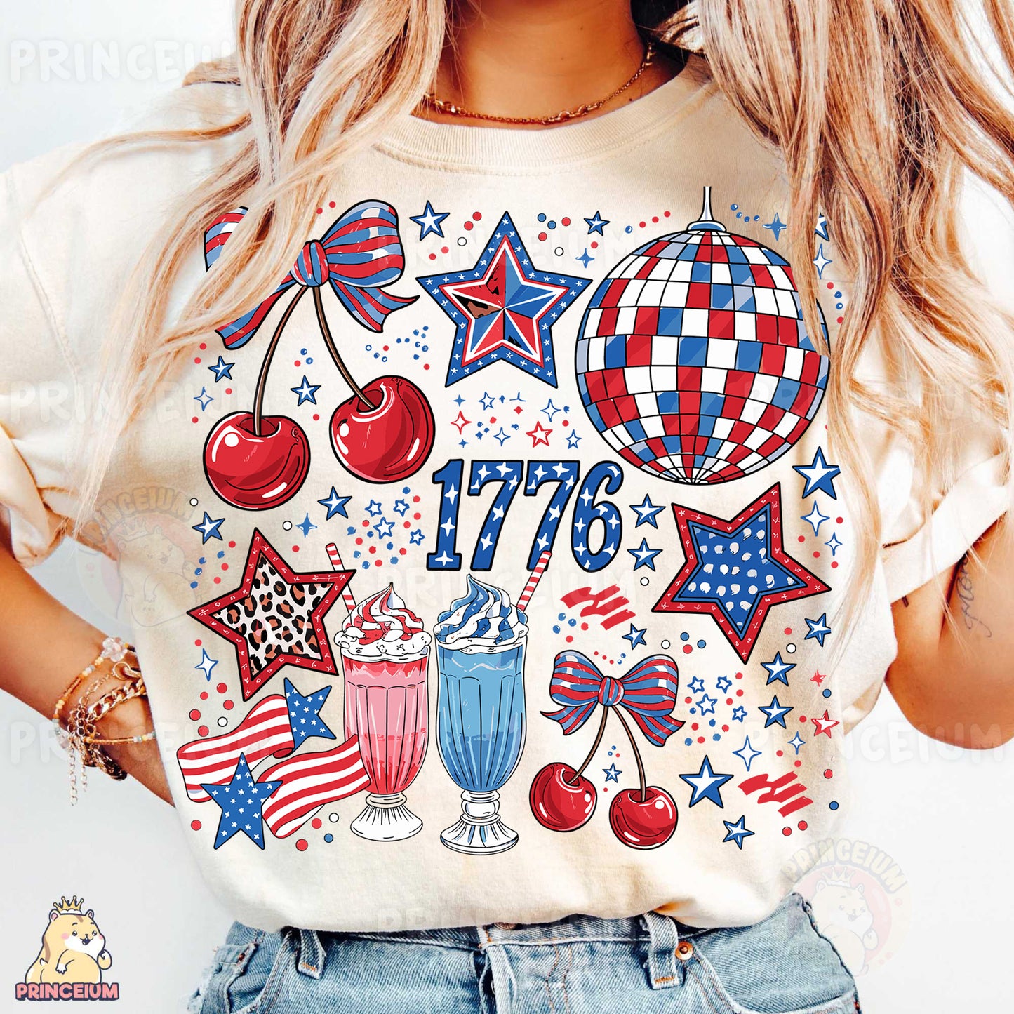 a woman wearing a patriotic t - shirt and denim shorts