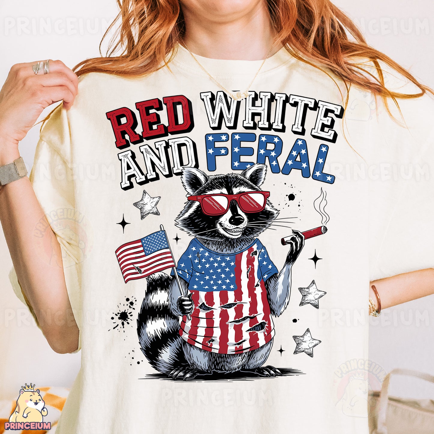 a woman wearing a red, white and fe ral t - shirt