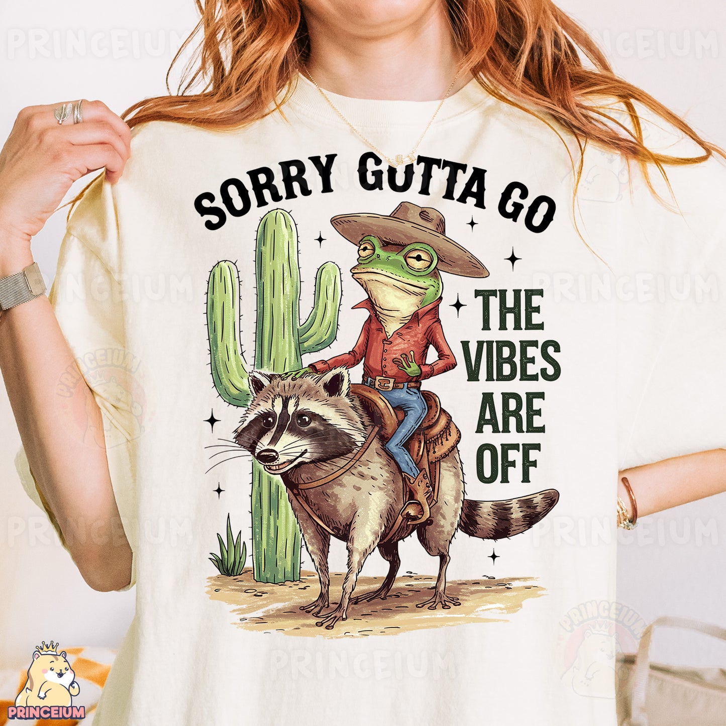 a woman wearing a white shirt with a racoon on it
